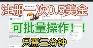 国外项目注册一次0.5美金，只需三分钟无脑操作，可批量同时放大操作，小白工作室福利【揭秘】-铭创资源库