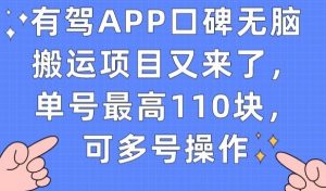 有驾APP口碑无脑搬运项目又来了,单号最高110块,可多号操作-铭创资源库