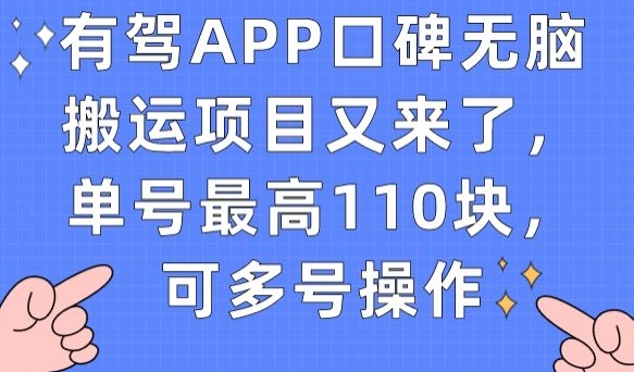 有驾APP口碑无脑搬运项目又来了，单号最高110块，可多号操作-铭创资源库