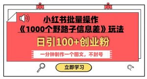 小红书批量操作《1000个野路子信息差》玩法,一分钟制作一个图文,不封号,日引100+创业粉-铭创资源库
