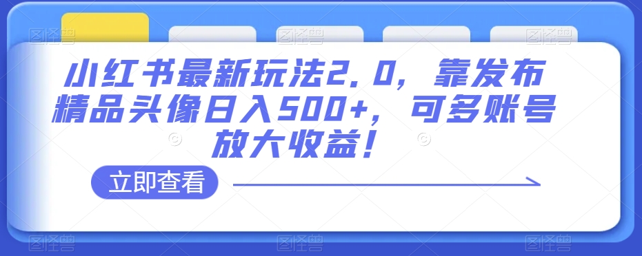 小红书最新玩法2.0，靠发布精品头像日入500+，可多账号放大收益！【揭秘】-铭创资源库