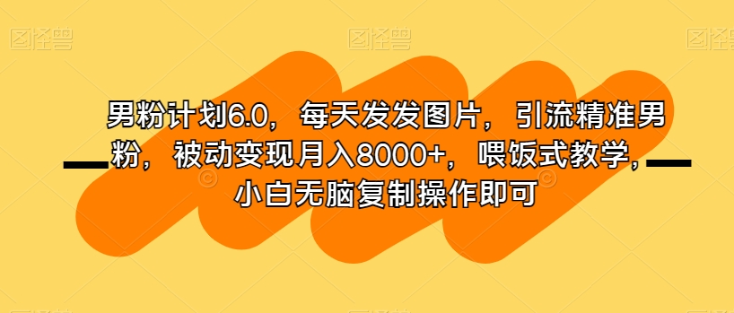 男粉计划6.0，每天发发图片，引流精准男粉，被动变现月入8000+，喂饭式教学，小白无脑复制操作即可-铭创资源库