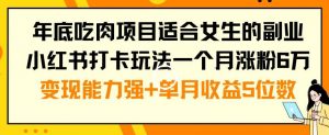 年底吃肉项目适合女生的副业小红书打卡玩法一个月涨粉6万+变现能力强+单月收益5位数【揭秘】-铭创资源库
