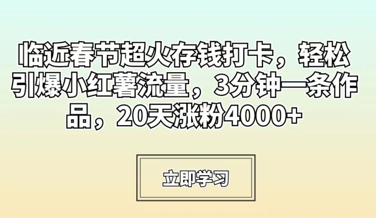临近春节超火存钱打卡，轻松引爆小红薯流量，3分钟一条作品，20天涨粉4000+【揭秘】-铭创资源库
