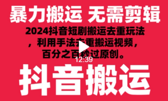 2024最新抖音搬运技术，抖音短剧视频去重，手法搬运，利用工具去重，达到秒过原创的效果【揭秘】-铭创资源库