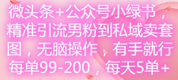 微头条+公众号小绿书，精准引流男粉到私域卖套图，无脑操作，有手就行，每单99-200，每天5单-铭创资源库
