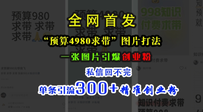 小红书“预算4980带我飞”图片打法，一张图片引爆创业粉，私信回不完，单条引流300+精准创业粉-铭创资源库