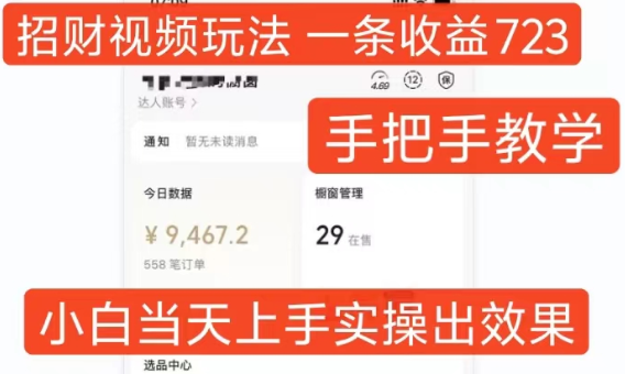 招财视频玩法，一条视频收益723，手把手教学，小白当天可上手-铭创资源库