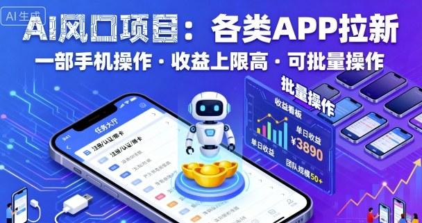 AI风口项目，各类APP拉新，一部手机就可以操作，收益上限高，可批量操作-铭创资源库