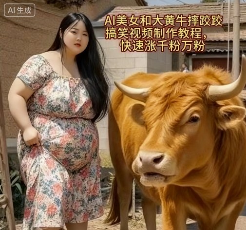 AI美女和大黄牛摔跤搞笑荒诞视频制作教程，快速涨千粉万粉-铭创资源库