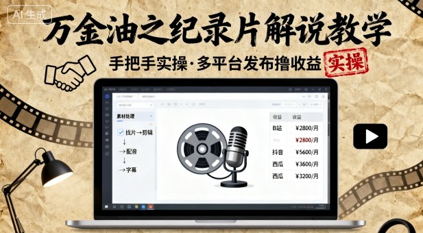 万金油之纪录片解说教学，手把手教你，完全实操，多平台发布撸收益-铭创资源库