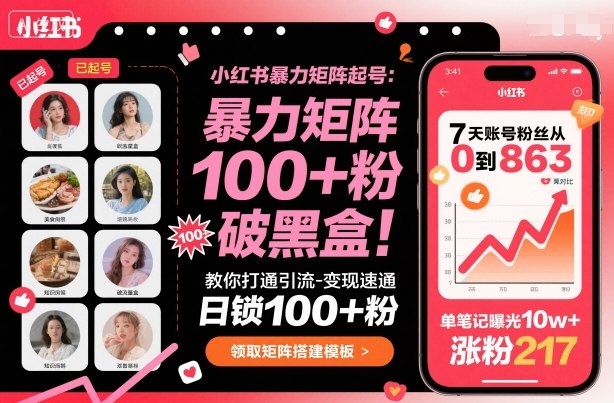 小红书暴力矩阵起号，教你打通引流-变现速通，日锁100+粉，破流量黑盒-铭创资源库